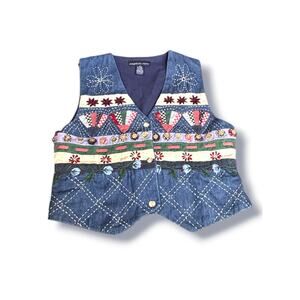 Vintage Eagle’s Eye Patchwork Denim Vest Quilted Embroidered Cottagecore Artsy